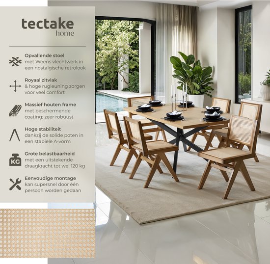 Tectake® Holzstuhl Lizzy - Eiche hell - Mit Wiener Geflecht - Massivholzgestell - Belastbarkeit 120 kg - Braun/Beige