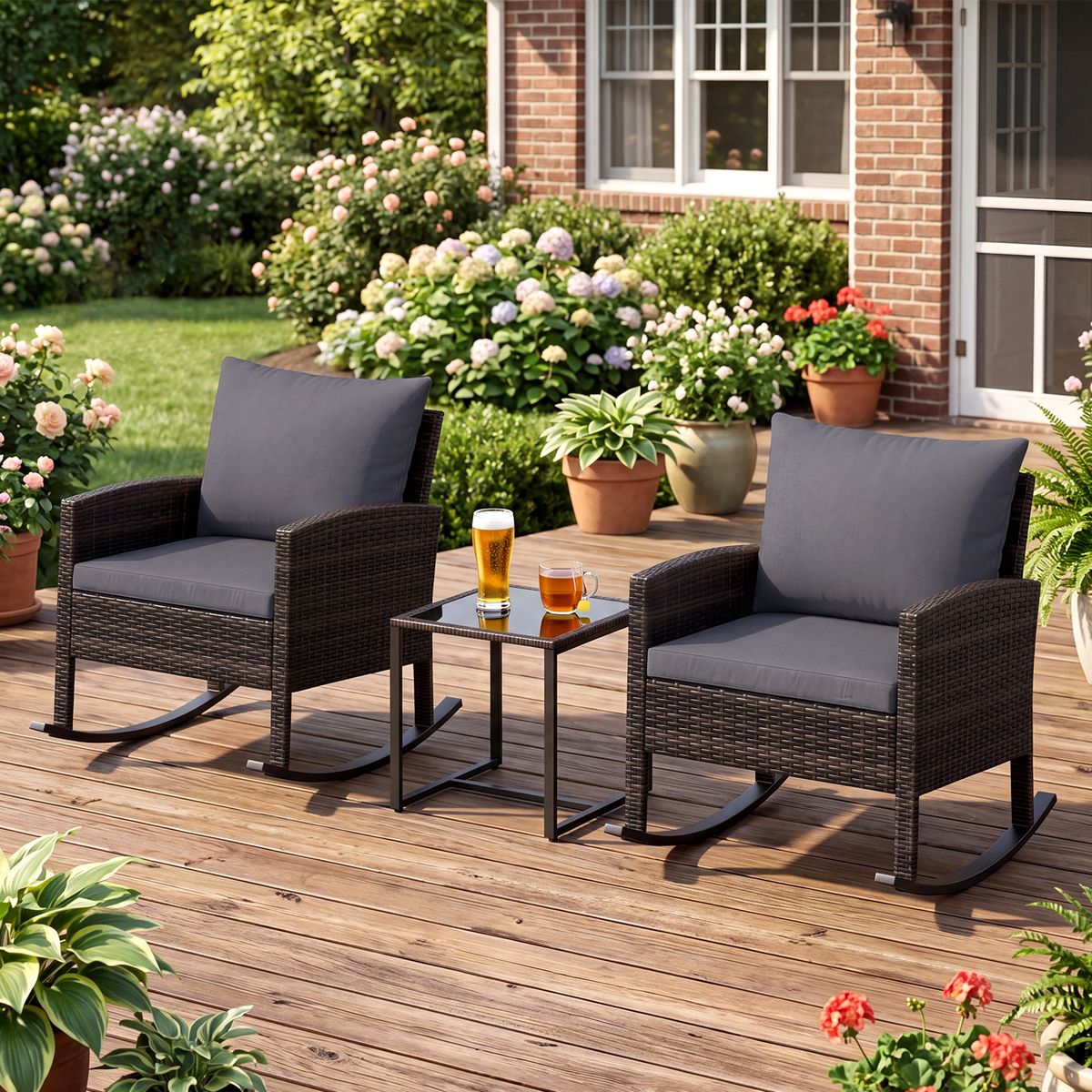 Coast 3-teiliges Gartenset – 2 Schaukelstühle und Beistelltisch – handgeflochtenes Rattan – grau