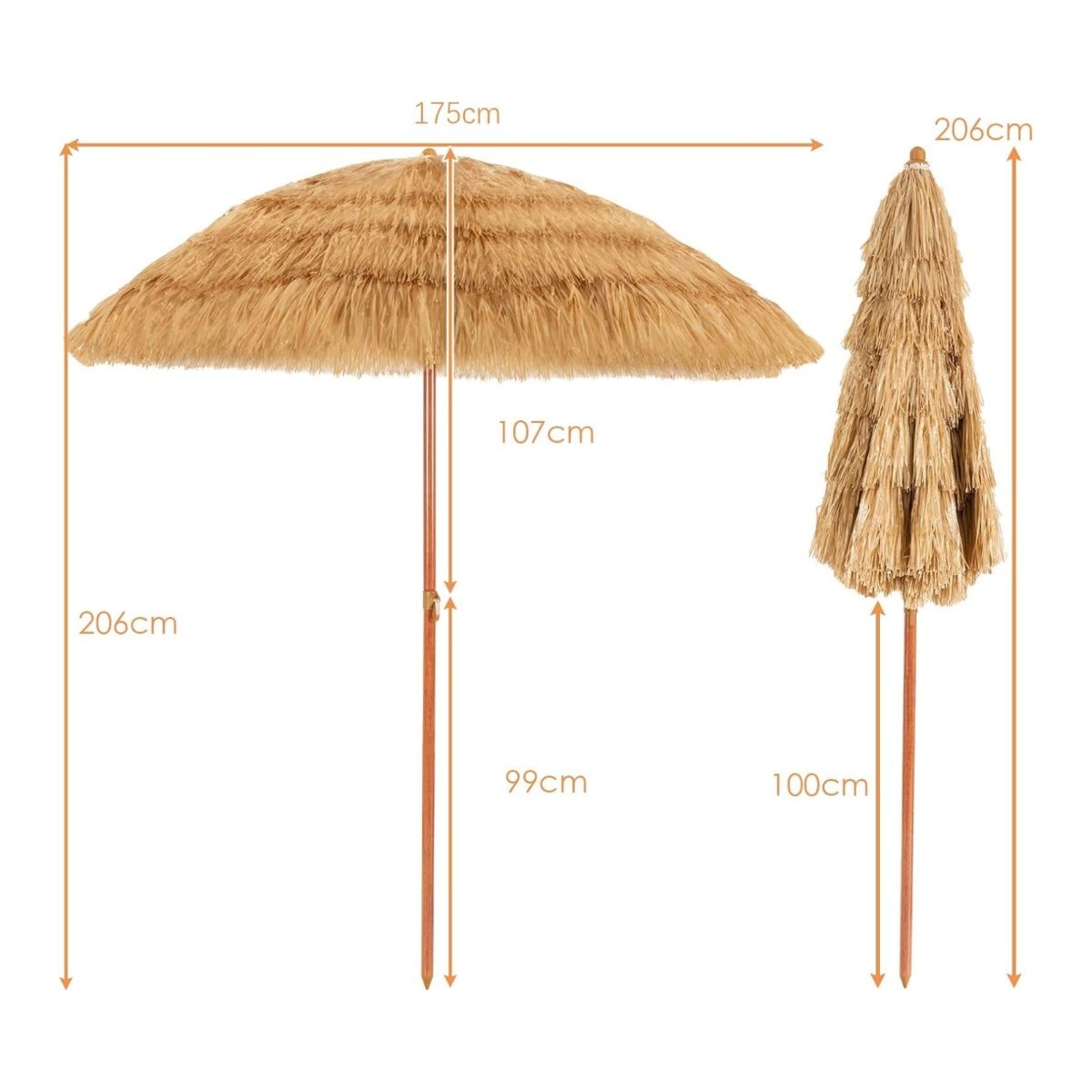Coast Hawaii Sonnenschirm-Set – Neigbarer Strandsonnenschirm – Rattan-Optik – Inklusive Tragetasche – 175 cm – Beige