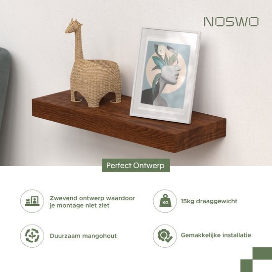 Noswo Schwebendes Wandregal - 2er Set mit 15 kg Belastbarkeit - Massives Mangoholz - Wandregal - 43x16,8 x4 cm - Kann als Wandregal, Bücherregal und Fotoregal verwendet werden - Inklusive Befestigungsmaterial