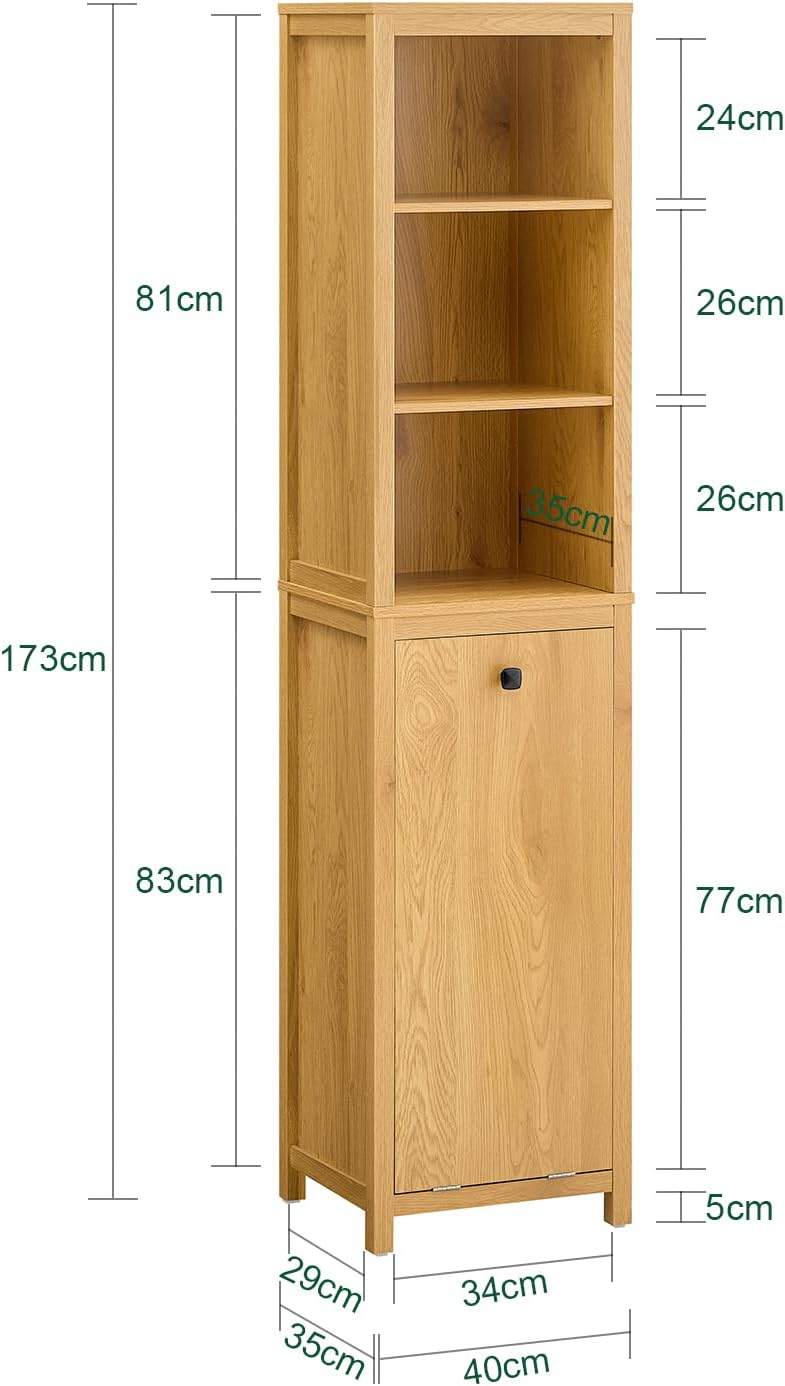 SoBuy Hoher Badezimmerschrank mit Wäschekorb und 3 Einlegeböden – Wandmontage – Holz – 40 x 35 x 173 cm