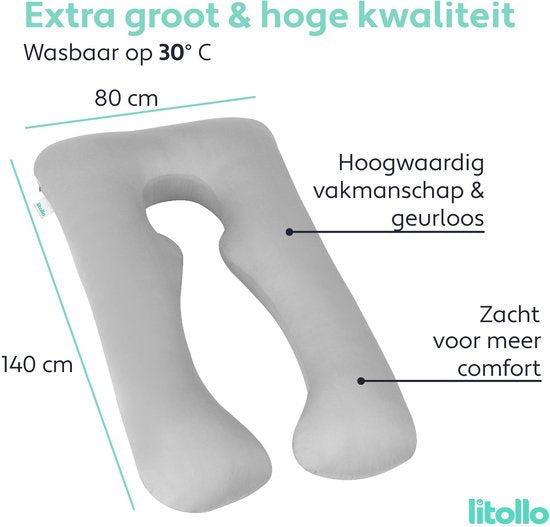 Litollo® Schwangerschaftskissen XXL – Stillkissen – Körperkissen – Body Pillow – 280 cm – Abnehmbarer Bezug – Grau