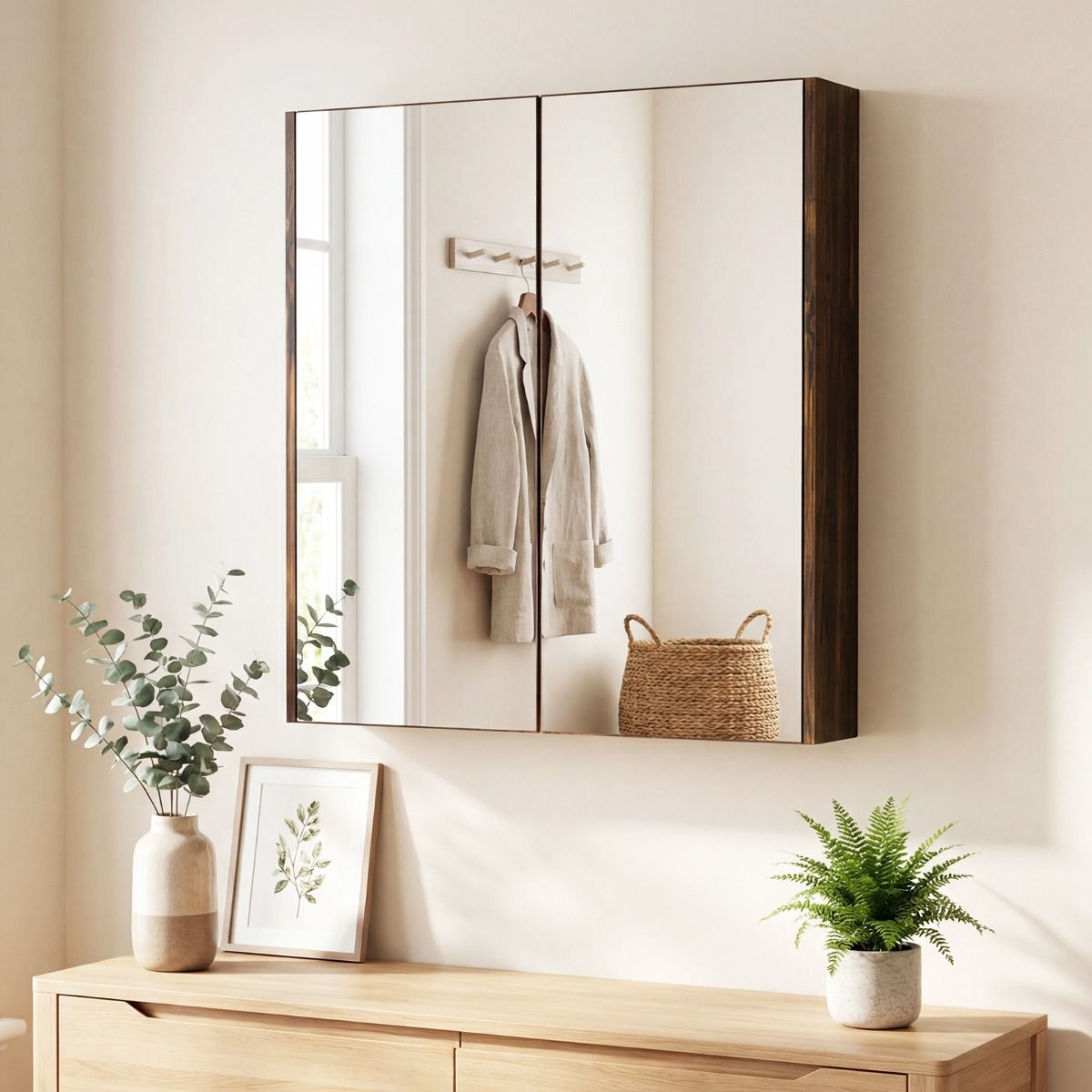 Coast Badezimmerschrank mit Spiegeltüren – großzügiger Stauraum – Wandmontage – weiß/schwarz/rustikales Braun – 62 x 11 x 65 cm