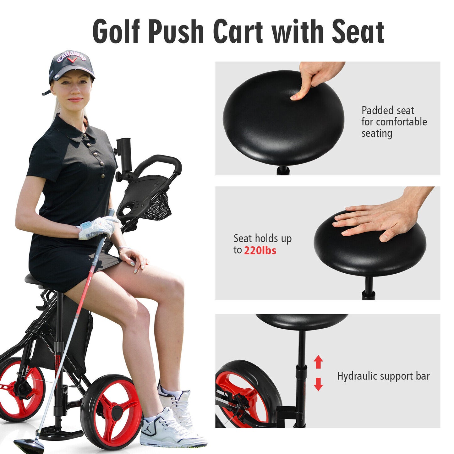 Coast 3-Rad Golf Kart Einstellbares Licht Golf Kart 129,5 x 75 x 101,5-119,5 cm rot + schwarz