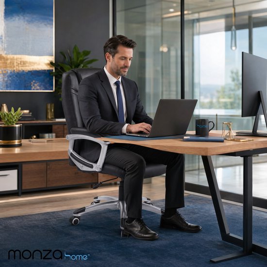 Monza Home® Bürostuhl Schwarz – Ergonomischer Bürostuhl – PU-Leder – Verstellbar – 150 kg Tragkraft – Luxuriöser Chefsessel
