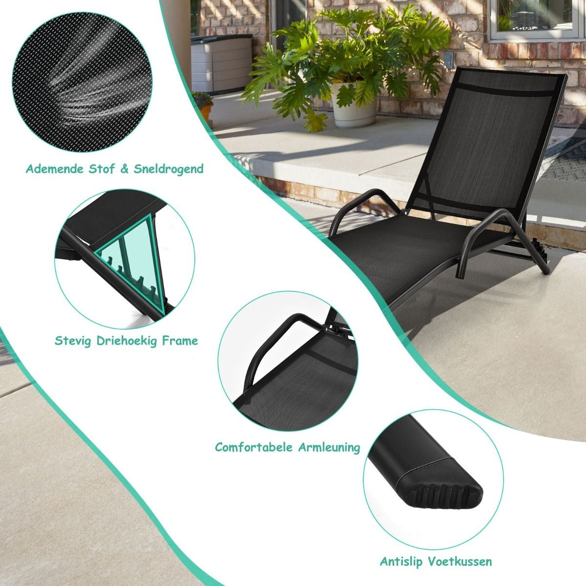 Coast 2 Set aus 5 verstellbaren Terrassenstühlen mit atmungsaktivem Stuhl für draußen schwarz