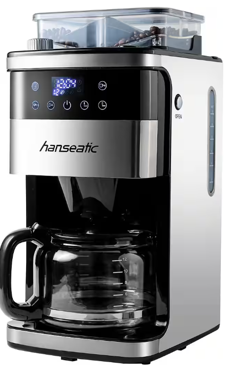Hanseatic Kaffeemaschine mit Mahlwerk HCMG105015SD – Schwarz/Silber – 21 x 31 x 42 cm – 1,5 l, 12 Tassen