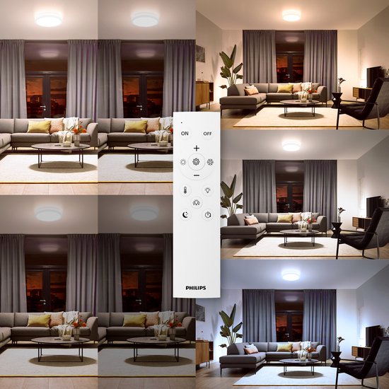 Philips All-in-One-Deckenleuchte – 2er-Pack – mit Fernbedienung – 24 W – LED-Beleuchtung – warmweißes bis kaltweißes Licht; 2700 K bis 6500 K – 30 cm – weiß – rund