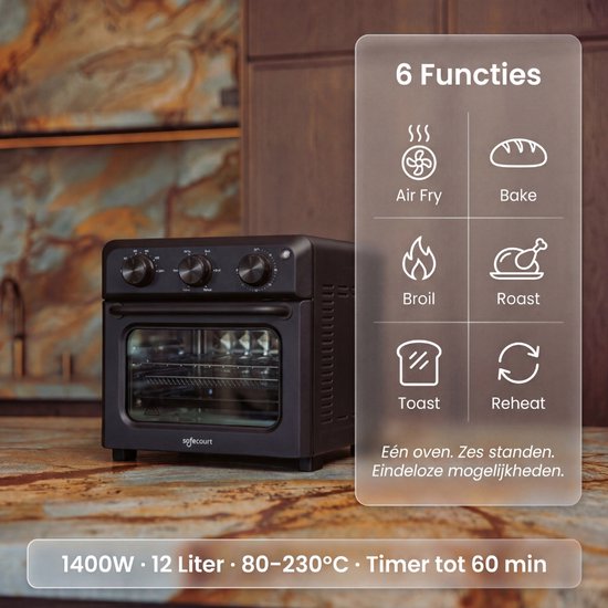 Safecourt 6-in-1 Airfyer Ofen - 100% PFAS-frei - 6 Programme - 80 bis 230 Grad - Airfryer, Backen, Braten, Toasten, Grillen & Aufwärmen - Schwarz