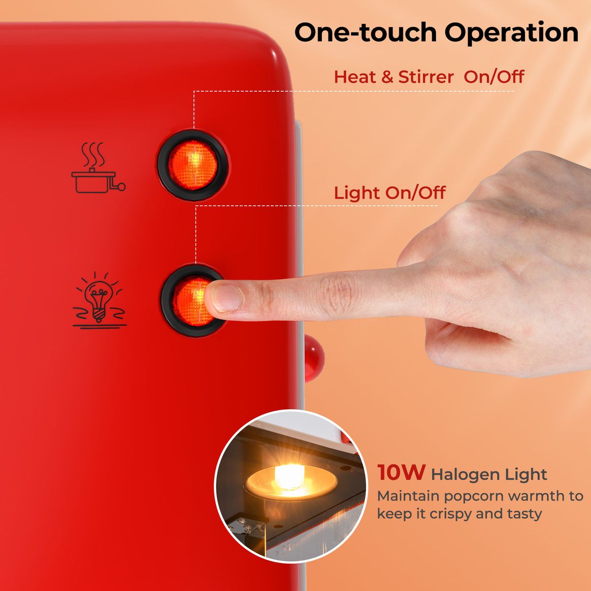 Coast Popcornmaschine – Retro-Kino-Stil – Warmhalte-Lampe – manuelle Bedienung – rot/weiß