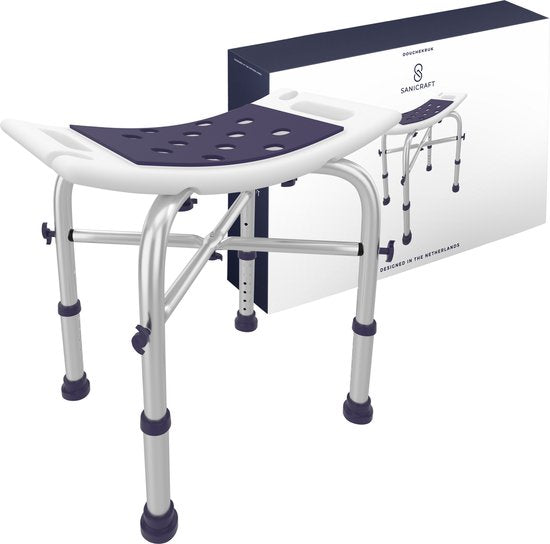 Sanicraft® Duschhocker - Verstellbarer Duschhocker mit Sitzpolster - Griffe, Duschkopfhalterung & rutschfeste Beine - Edelstahl - 120kg Tragkraft