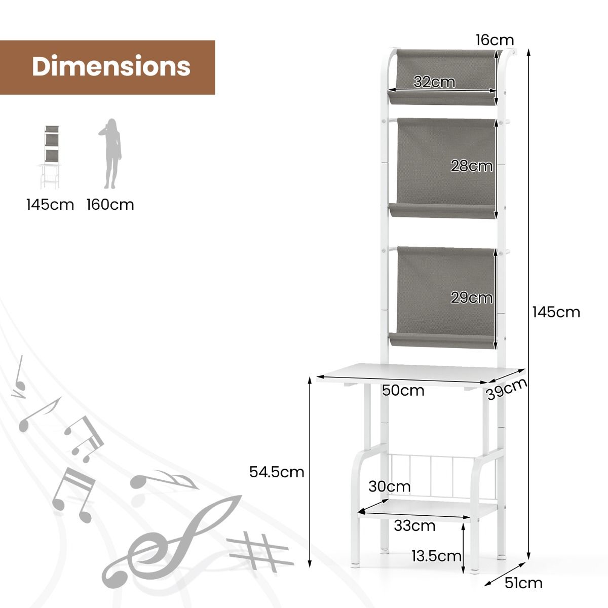Coast 5-stöckiger Plattenspieler-Ständer mit Vinyl-Ausstellungsregal - 50x51x145 cm - Weiß