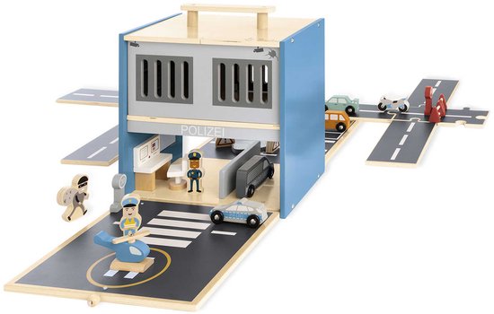 Polizeistation aus Holz – Spielwelt „Polizeistation Gordon“ mit Zubehör – tragbar – zusammenklappbar