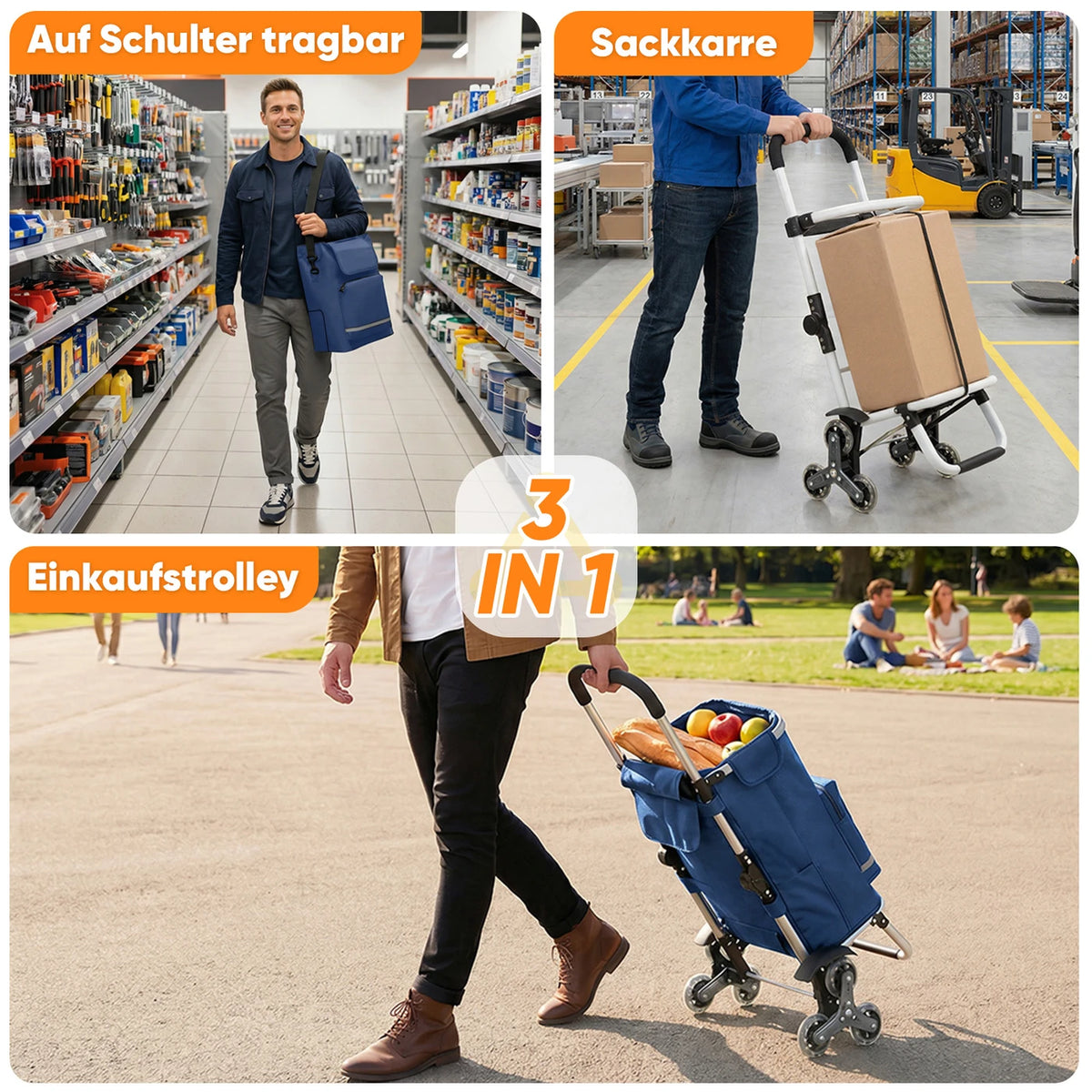 Zusammenklappbarer Einkaufswagen „Traploper“ 60 l – 3-in-1 mit Kühlfach und 6 Rädern – Aluminiumrahmen – Blau – 36 x 42 x 98 cm