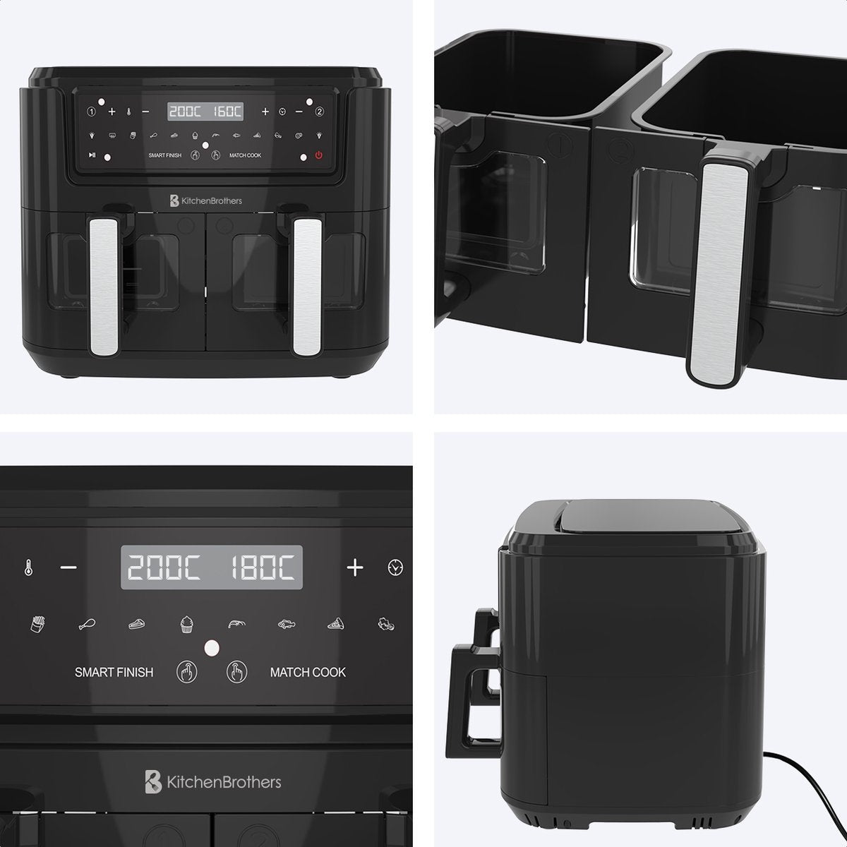 KitchenBrothers - Airfryer XXL - 9L - Heißluftfritteuse - 2 x 4.5L - 2400W - Schwarz