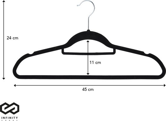 Infinity Goods 50 Kledinghangers Fluweel - Kleerhanger met Anti-Slip - Broekhanger - Metalen Haak - Volwassenen - 50 Stuks - Zwart