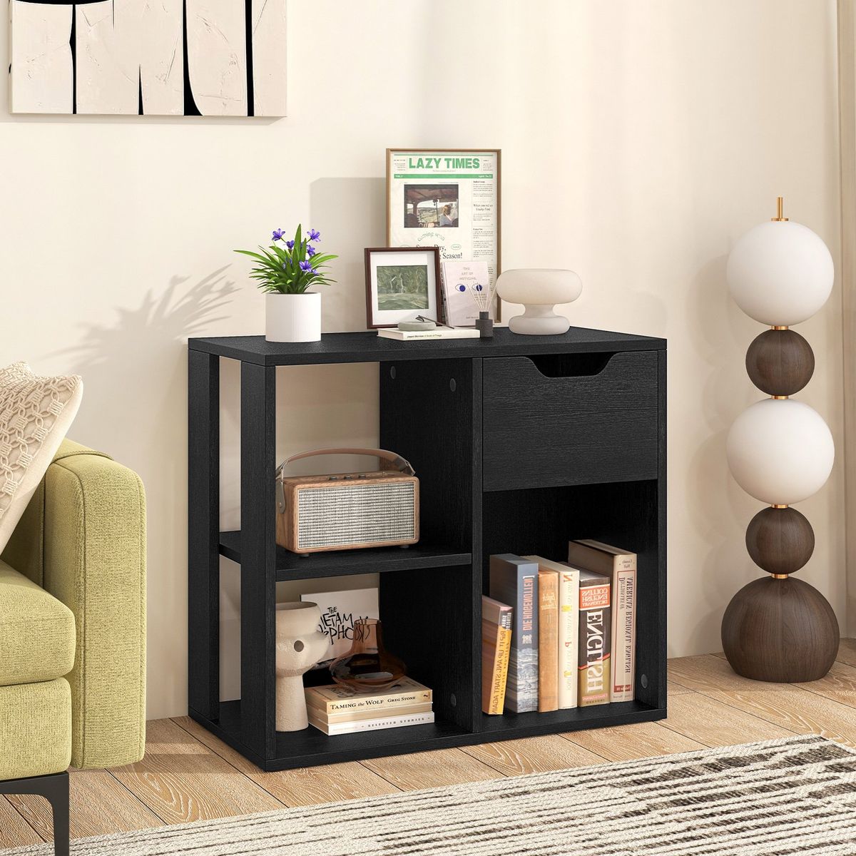 Coast Bücherregal aus Holz mit Schublade – 3 offene Fächer – schwarz – 60 x 30 x 53 cm