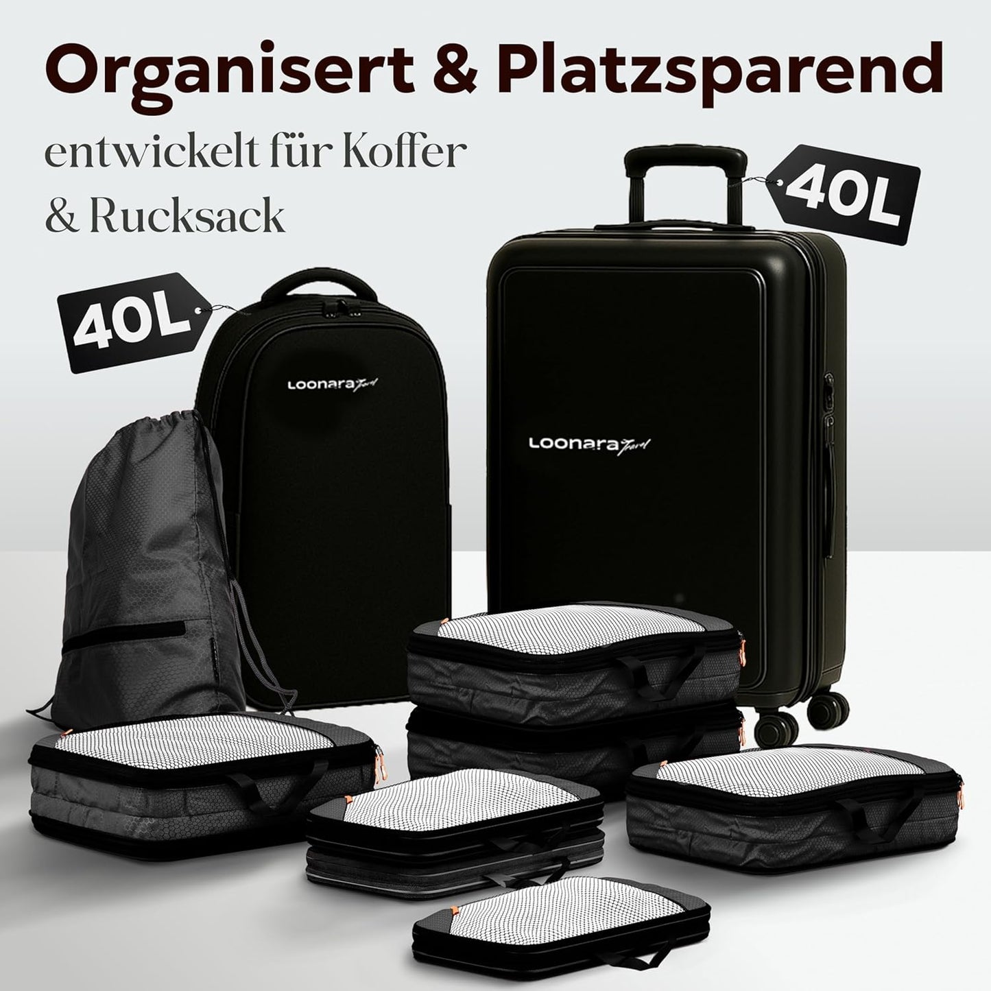 loonara Travel Travel Organiser Set - Schwarz - 3 Teile