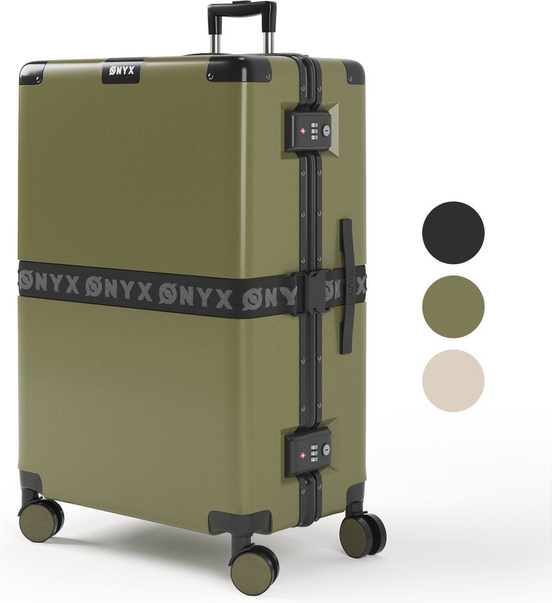 ONYXÂ® Check-in-Koffer 100L - TSA-Schloss - Spinner-Räder - Leichter Trolley - Aluminiumverschluss - Olivgrün