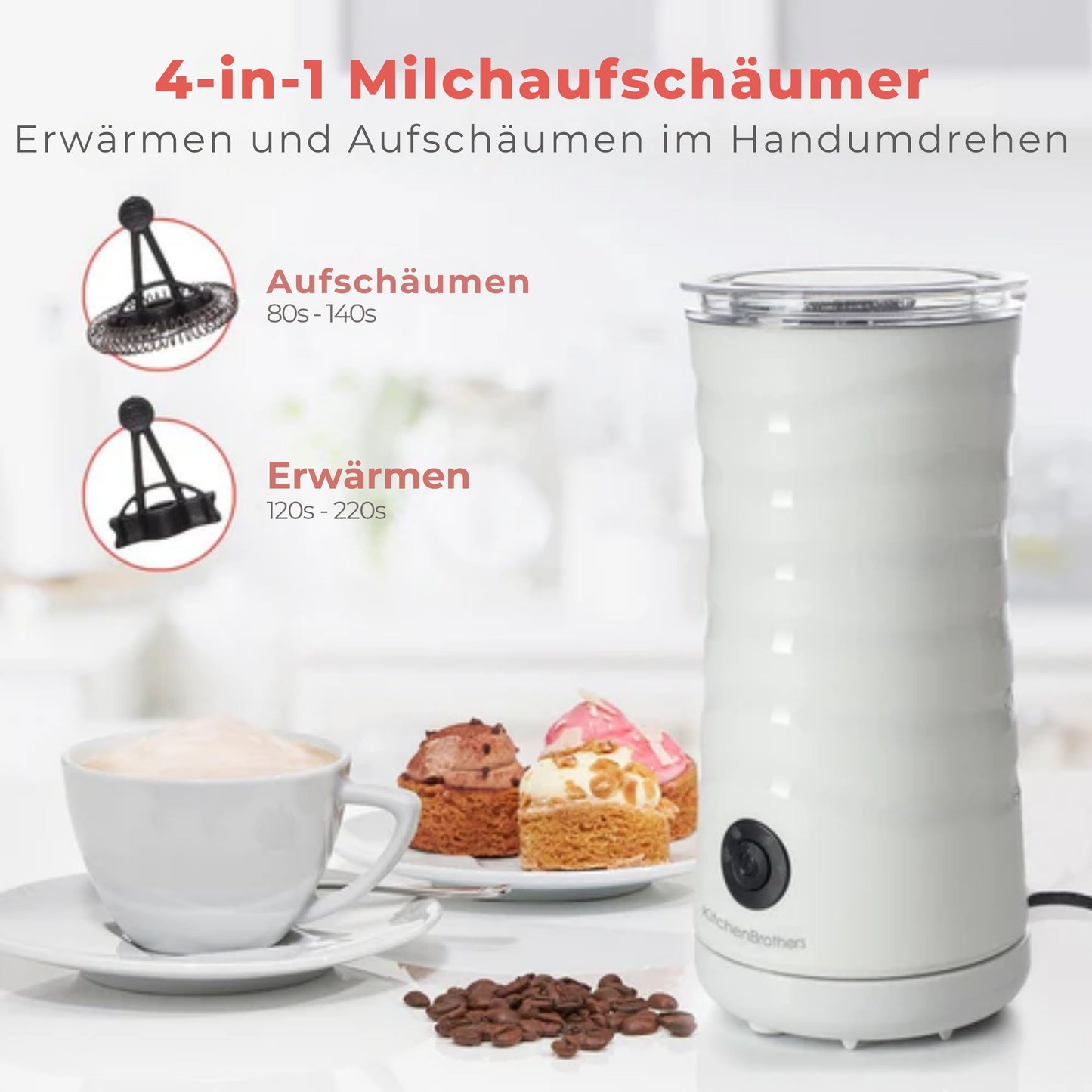 KitchenBrothers Elektrischer Milchaufschäumer – 4-in-1 mit Warmhaltefunktion – 240 ml – Antihaft – Weißer Edelstahl