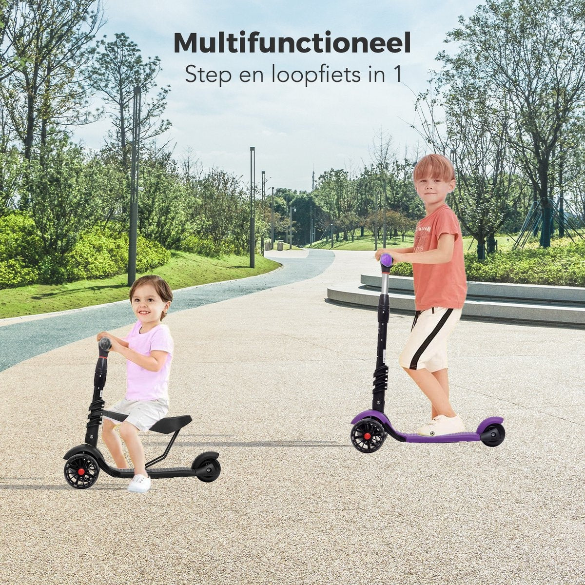 LifeGoods MultiRider Kids' Scooter - Stufe 3-8 Jahre - Verstellbarer Sitz - Leuchtende Räder - Jungen/Mädchen - Schwarz