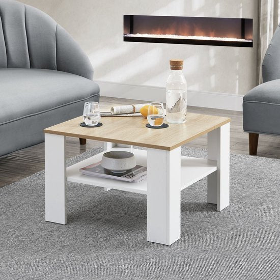 Couchtisch aus Holz - 60 x 60 cm - Weiß / Holzfarbe - 2 Etagen