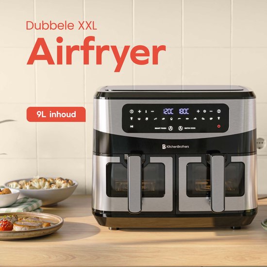 KitchenBrothers Double Airfryer - 2400W - Dual Zone - 9L - Heißluftfritteuse - Airfryer XXL - 2 x 4.5L - 10 Kochprogramme - Edelstahl/Schwarz