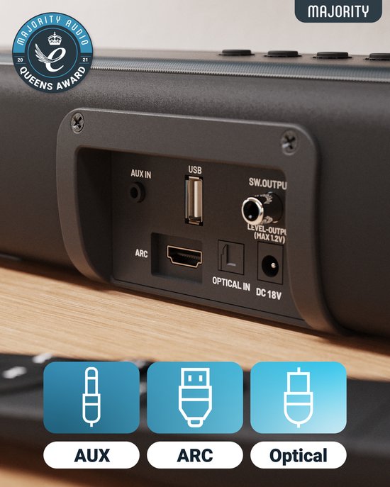 Majority Naga 40 Soundbar für TV - Inklusive Soundbar-Halterung - Mit eingebautem Subwoofer - Bluetooth 5.0, HDMI ARC, optischer und AUX-Anschluss - 2.1 Surround Sound - Fernbedienung - schwarz