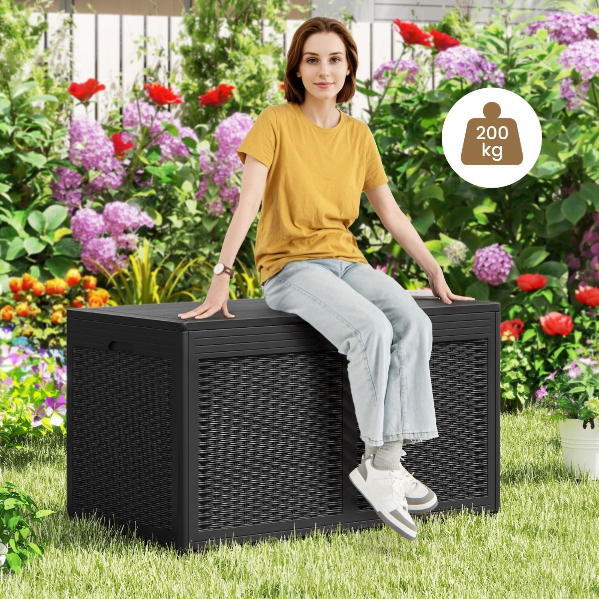 Coast Gartenbox mit Rollen – wasserdichte Aufbewahrungsbox – Sitzbank – schwarz – 380 Liter