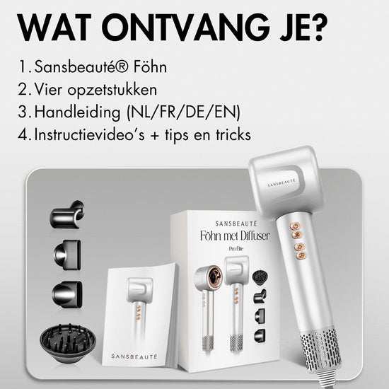 Sansbeauté® Haartrockner mit Diffusor - Locken - 110.000 Umdrehungen pro Minute - Ionen-Haartrockner mit Bürste - 4 Aufsätze - Reisehaartrockner - Curl Feun Set - Sèche Cheveux - Haartrockner mit Defusor - Haarföhn - 1600W
