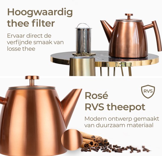 Vaja® Teekanne Juliette Rosé - Doppelwandig - 1 Liter - Edelstahl-Teekanne mit Filter & Heißhalterung
