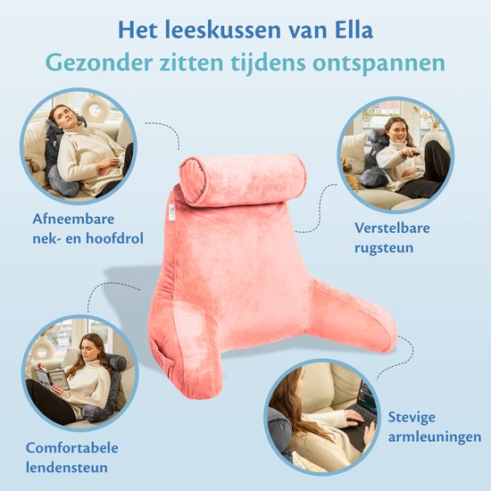 Ella Lesekissen XL – Memory-Foam-Entspannungskissen für das Bett – Sitzkissen mit Nackenrolle und Lendenwirbelstütze – Bookseat – Samt, Korallenrosa