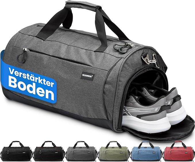 Herowerk Sporttasche mit Schuhfach und Nassfach, Trainingstasche für Damen und Herren, ideal als Reisetasche, Fitnesstasche, Trainingstasche oder Sporttasche, grau, Sporttasche mit Schultergurt