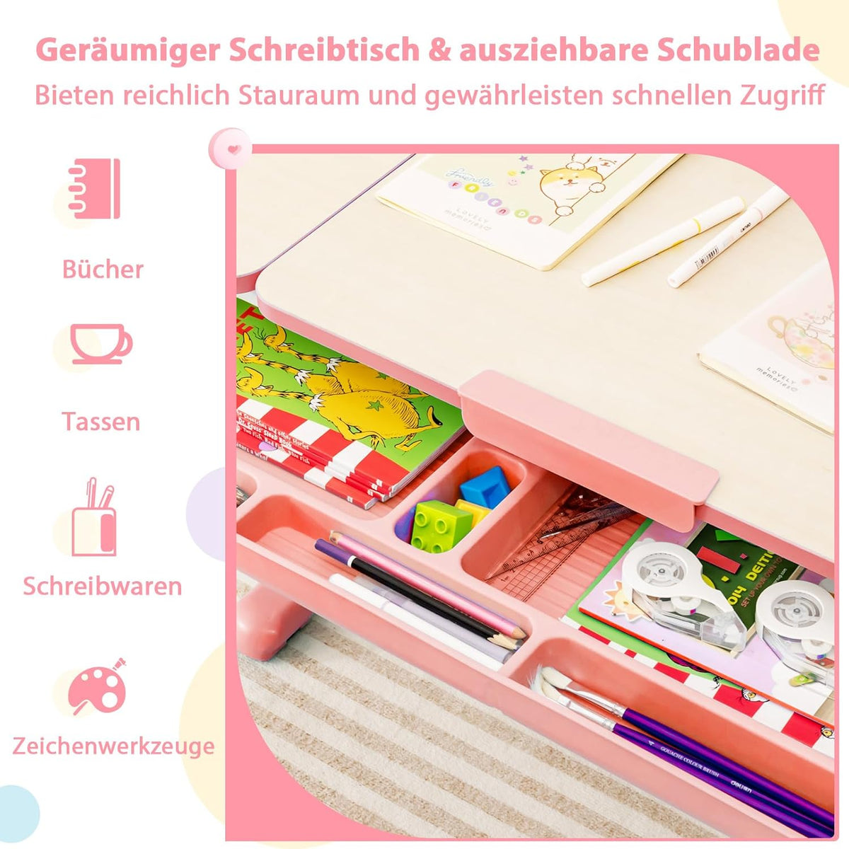 Coast Kinderschreibtisch mit Stuhl - Höhenverstellbar - Max. 110 kg - 80 x 52 x 73 cm - Rosa