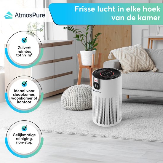 AtmosPure® CleanAir Luftreiniger - Luftreiniger mit austauschbarem HEPA 13 + Kohlefilter - CADR 250 m³/h - Weiß - Für 97 m² - Wirkt gegen Staubmilben, Heuschnupfen, Allergien, -3 Modi + stiller Schlafmodus - Luftqualitätssensor