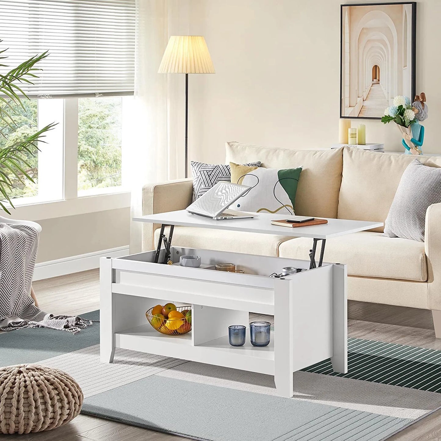 Yaheetech Couchtisch mit Lift-Top-Funktion - Mit versteckter Lagerung und zwei offenen Regalen und Federmechanismus - Für Wohnzimmer und kleine Räume - Weiß Mdf und Metall - 104,5 x 49,5 x 49-61,5 cm