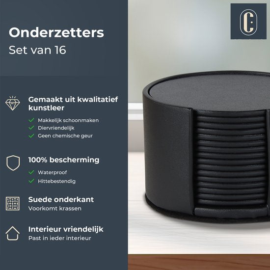 Castagnola Kunstleder-Untersetzer - Untersetzer für Gläser - Design-Untersetzer mit Halter - Leder-Untersetzer-Set - Leder - Satz von 16 - Schwarz