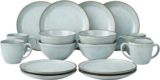 Mica Decorations Racco Geschirrset, 16-teilig – für 4 Personen – Frühstücksteller, Schalen und Tassen sowie Essteller – Steingut-Geschirr – spülmaschinenfestes Geschirrset – hellgrau