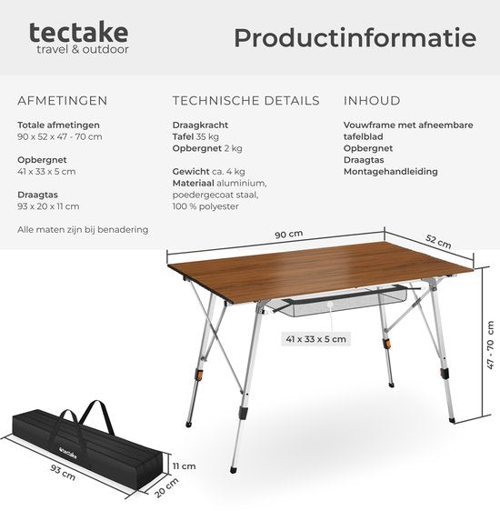 tectake® Campingtisch – 90 x 52 x 47 – 70 cm - Klapptisch aus Aluminium – Aufrollbare Tischplatte – Falt-Tisch – Reisetisch – Gartentisch – Wetterfest – Höhenverstellbar – Tragetasche – Zusammenklappbar – Holzoptik