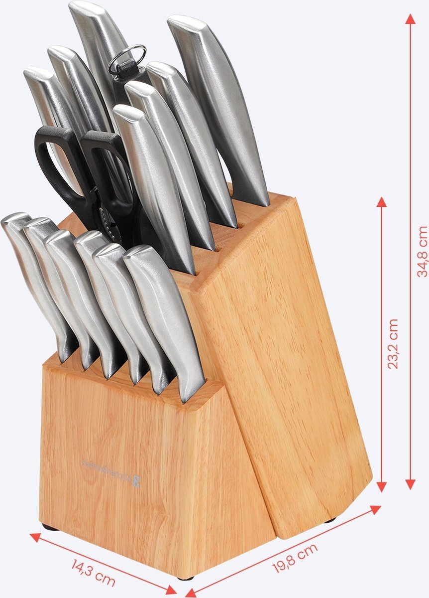 KitchenBrothers Messerset - Messerblock - 16-teilig - mit Schere und Wetzstahl - Rubberwood