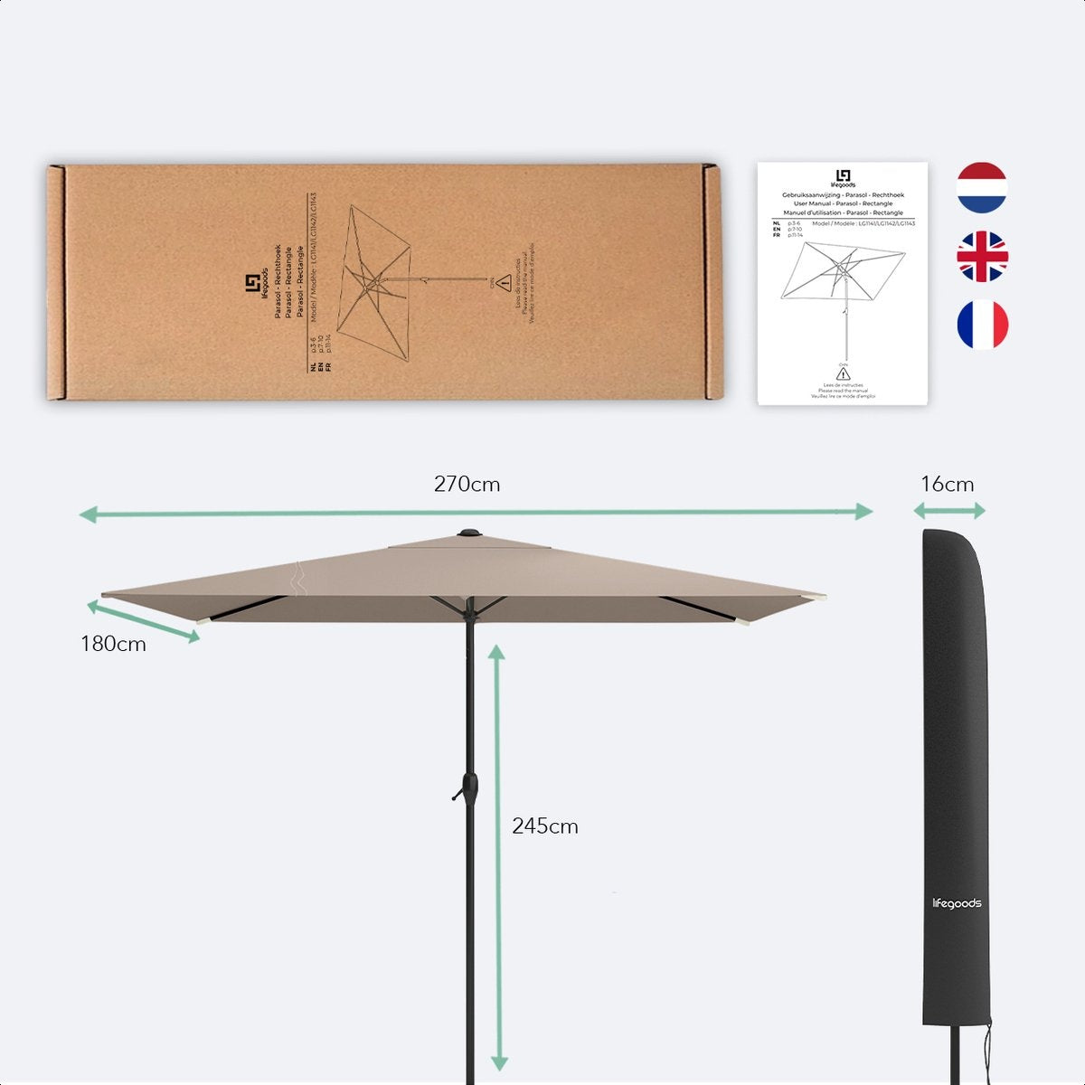LifeGoods Sonnenschirm - 270x180cm - 30° neigbar - Wasserdicht - Beige