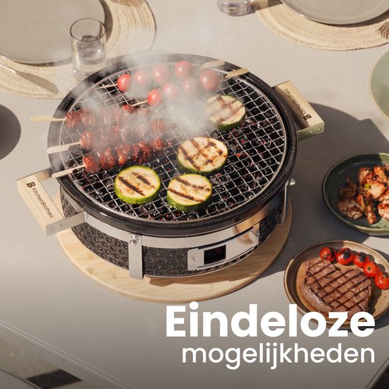KitchenBrothers Kamado Hibachi Grill - PFAS frei - Holzkohlegrill - Shichirin Tischgrill - Rund BBQ - Keramikgrill - Schwarz