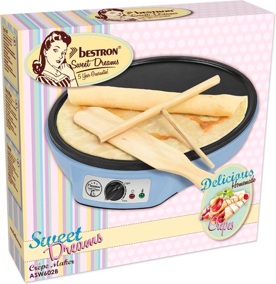 Bestron Pfannkuchenmaschine – ASW602B – 1000 W – Crêpes-Maschine – 30 cm – Blau – Inkl. Holzstapel und Teigverteiler – 5 Jahre Garantie