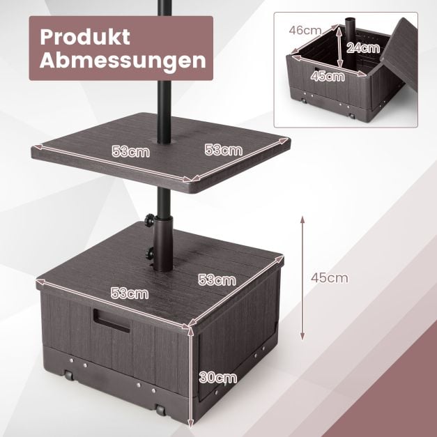 Coast 3-in-1-Sonnenschirmständer mit Tischplatte und Rollen – Befüllbarer Sonnenschirmständer für Ø 38/48 mm – Schwarz/Braun