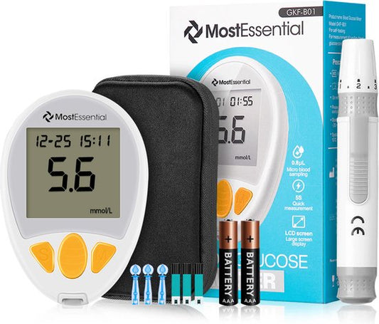 MostEssential Premium Blutzuckermessgerät Starter Pack - Blutzuckermessgerät - Diabetes Messgerät - Alles in einem Set - Inklusive Aufbewahrungsbeutel, Stechhilfe, 10 Teststreifen & 10 Lanzetten