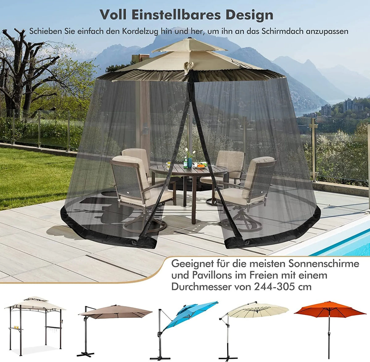 Coast Parasol Mosquito Net met 2 deuren en dubbele rits parasol 12,5 x 2,3 m zwart