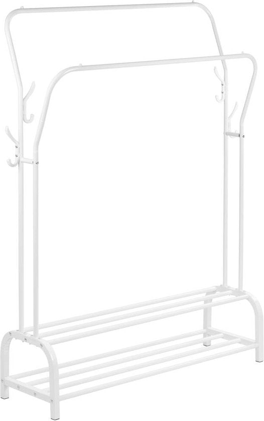O'DADDY® Kleiderständer Metall mit doppeltem Schuhregal - Kleiderständer weiß - Kleiderständer - Kleiderständer doppelt - Kleiderstange - Garderobenständer - Kleiderständer doppelt - 110 x 33 x (137-157) cm - bis zu 25 kg pro Rohr