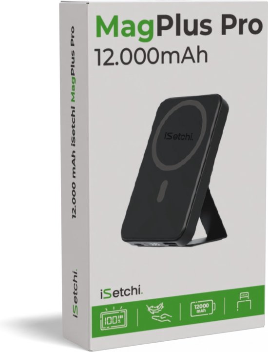 iSetchi MagSafe powerbank 12000 mAh - Kleine Größe - Magnetisch & kabellos - Externer Akku - Tragbares Ladegerät - Notfallpaket - Geeignet für Apple iPhone 12/13/14/15/16 - Schwarz