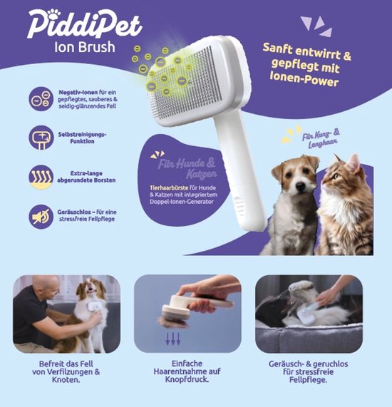 PiddiPet IonBrush Ionen-Tierhaarbürste – Selbstreinigend & batteriebetrieben – Fellpflege für Hunde & Katzen – Weniger statische Aufladung, glänzendes Fell – 2er-Pack