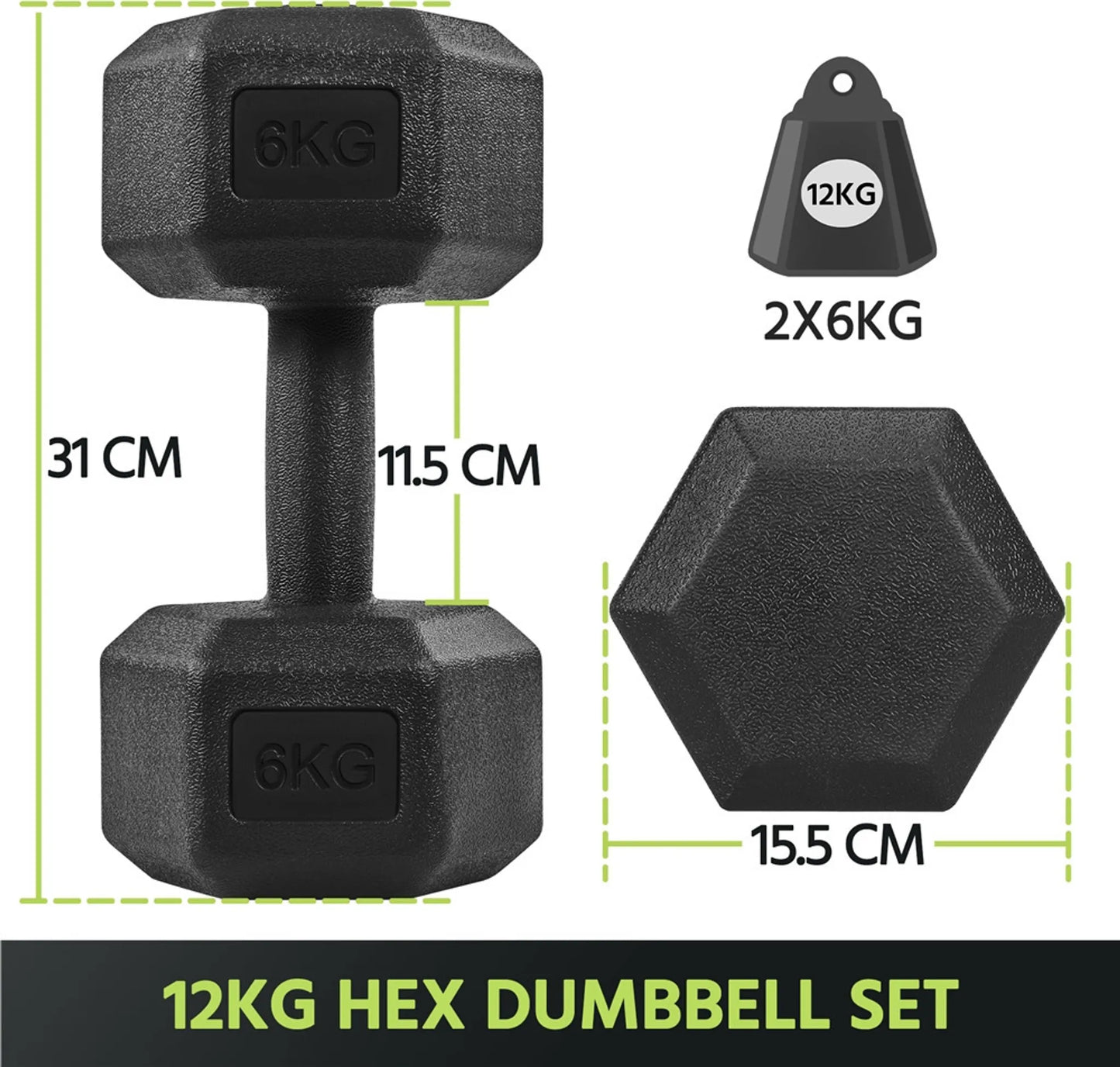 Yaheetech Hantelset 2 Stück - 12 kg - mit sechseckigem Anti-Roll-Design und bodenschonender Kunststoffbeschichtung und ergonomischem Griff - für Krafttraining und Cardio - schwarzer Beton und Metall - 31 x 15,5 x 14 cm